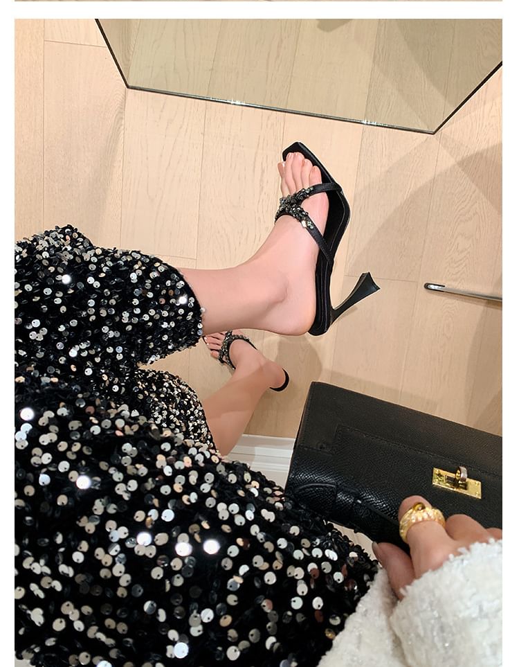 Heel High Cross Slide Sandals Criss Rhinestone