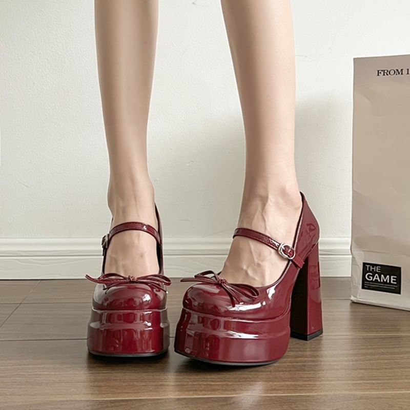 Bow Platform Mary Chunky Jane Shoes Heel