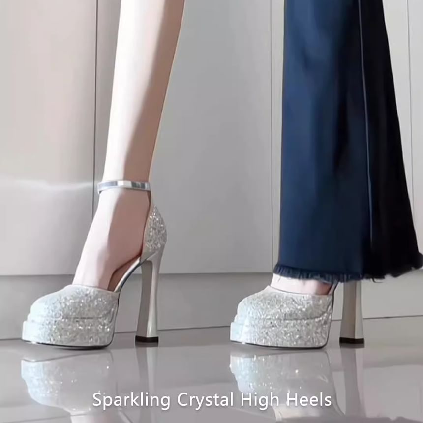 Pumps Ankle Chunky Strap Heel Platform D'Orsay Glitter