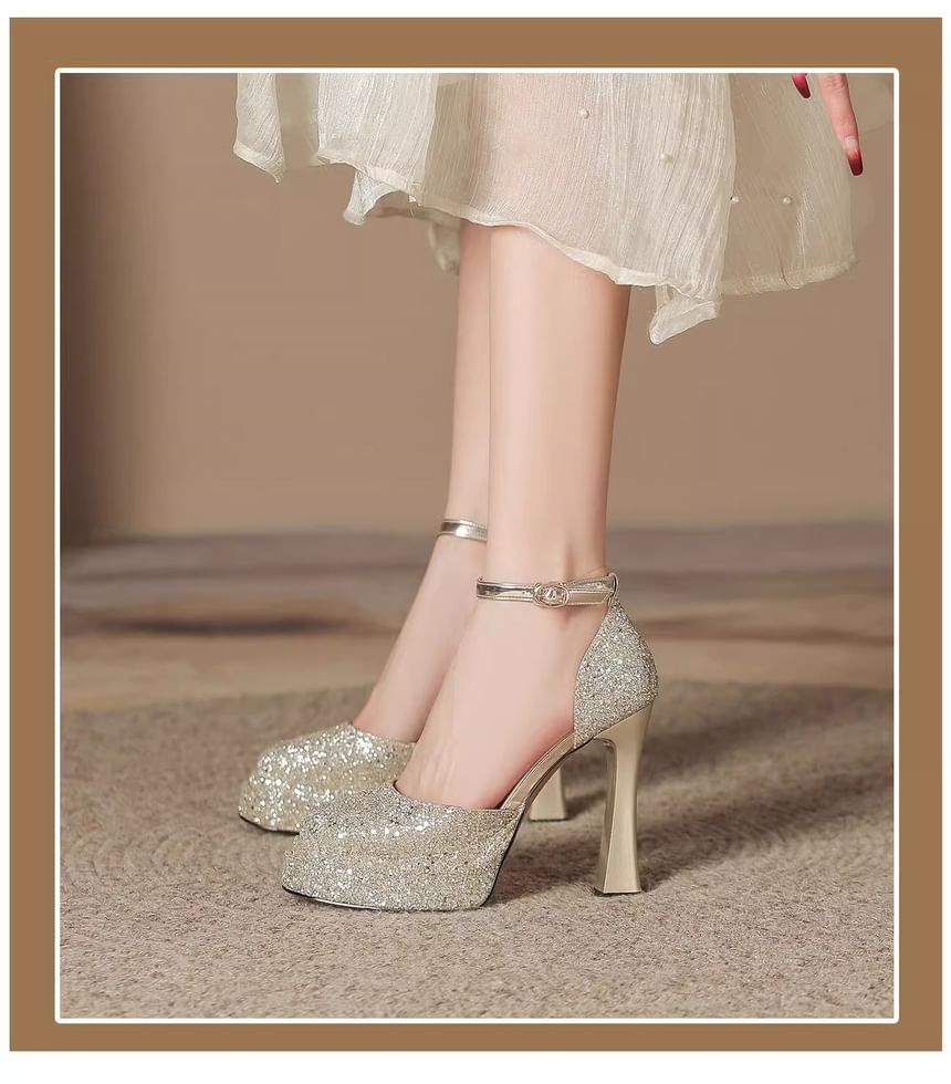 Pumps Ankle Chunky Strap Heel Platform D'Orsay Glitter