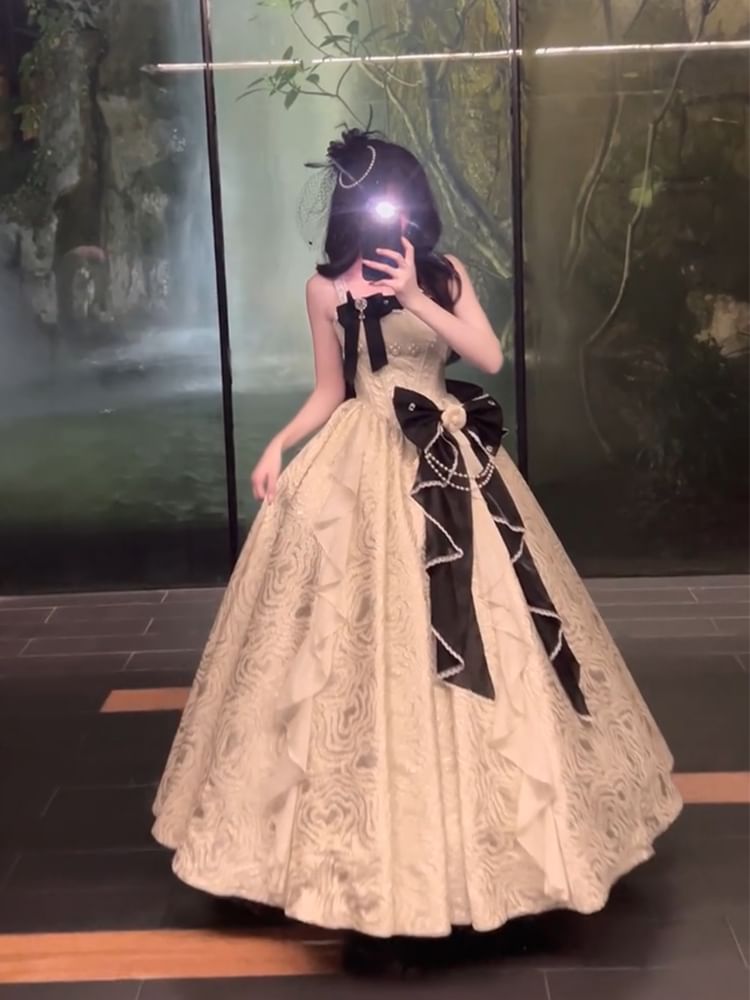 / Skirt Faux Spaghetti Ruffle Evening Strap Set Gown Trim Petticoat A-Line Pearl Bow