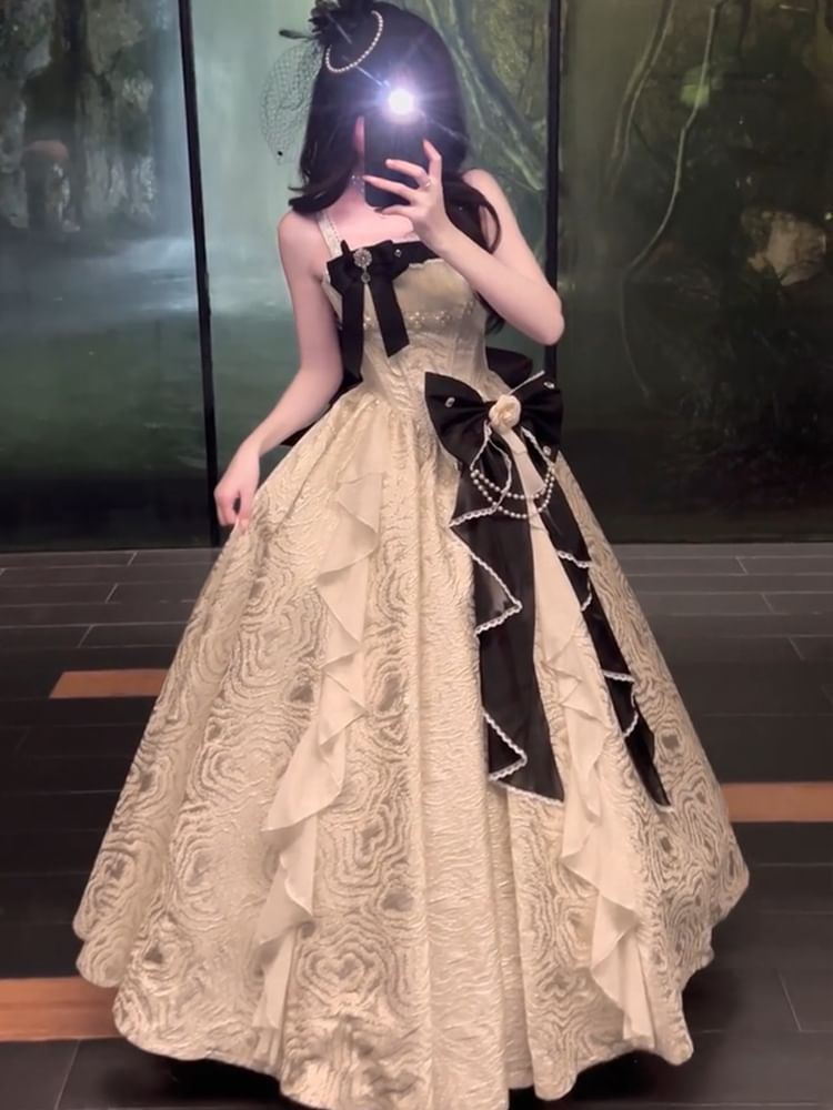 / Skirt Faux Spaghetti Ruffle Evening Strap Set Gown Trim Petticoat A-Line Pearl Bow