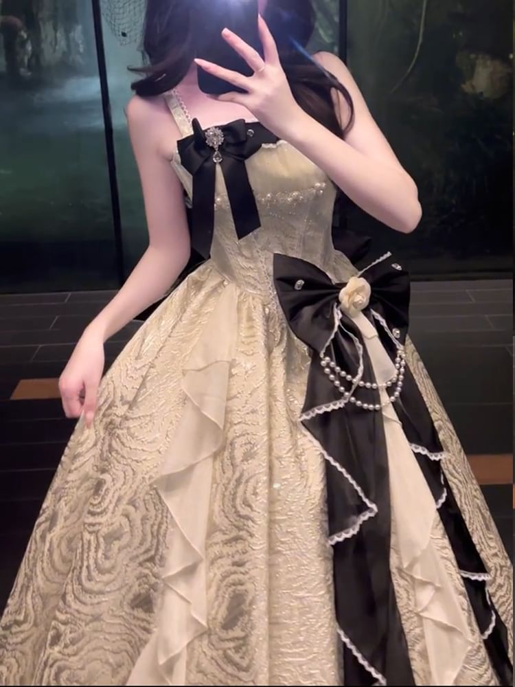 / Skirt Faux Spaghetti Ruffle Evening Strap Set Gown Trim Petticoat A-Line Pearl Bow