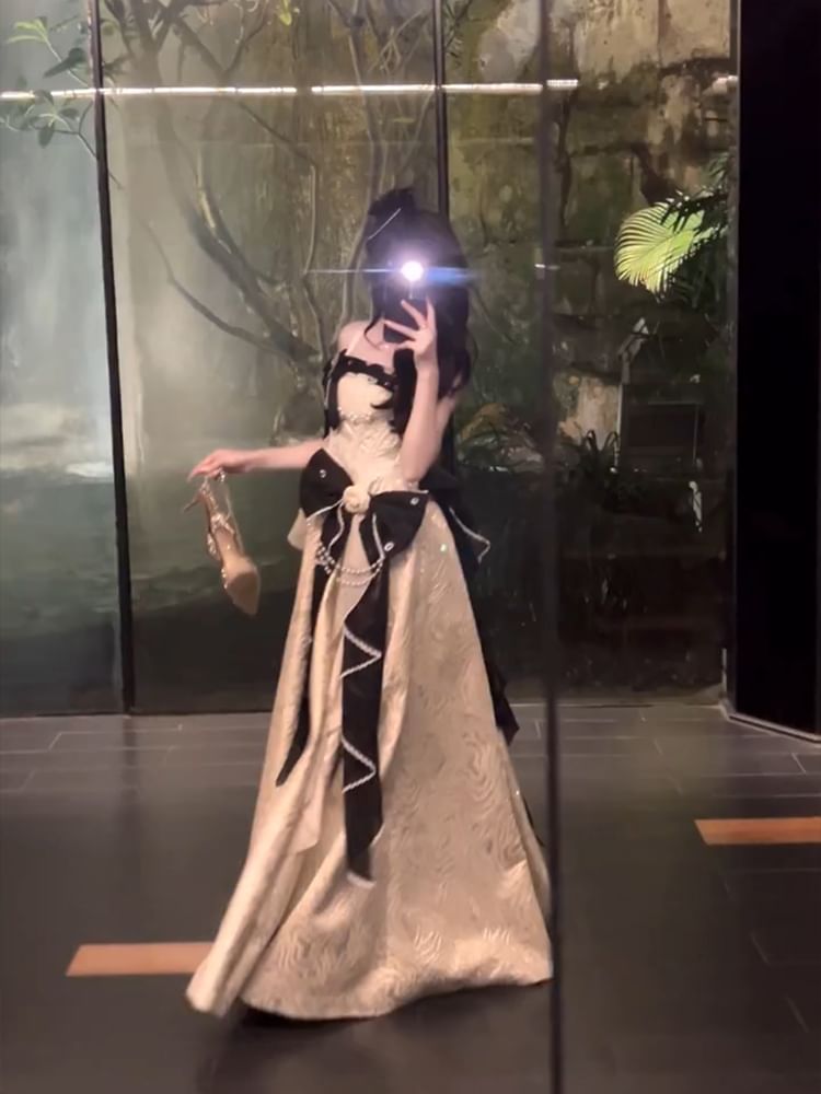 / Skirt Faux Spaghetti Ruffle Evening Strap Set Gown Trim Petticoat A-Line Pearl Bow