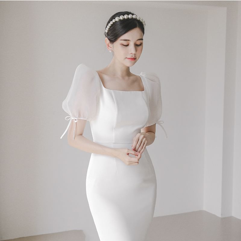 Square-Neck Wedding Mermaid Puff-Sleeve Gown