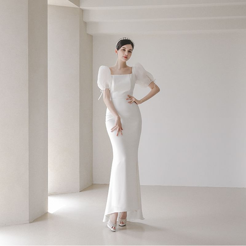 Square-Neck Wedding Mermaid Puff-Sleeve Gown