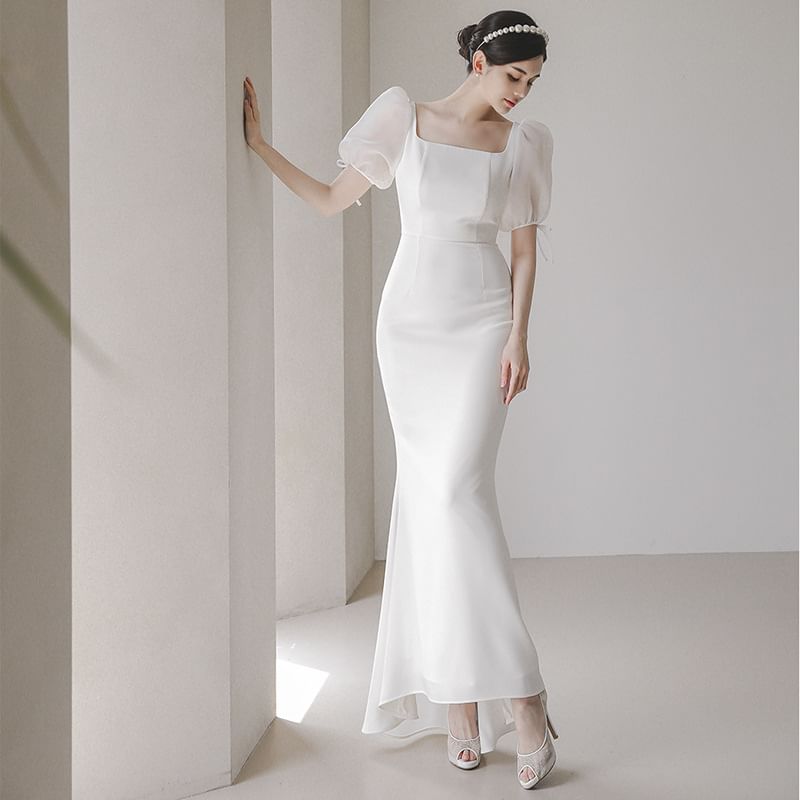 Square-Neck Wedding Mermaid Puff-Sleeve Gown