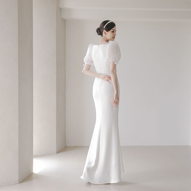 Square-Neck Wedding Mermaid Puff-Sleeve Gown