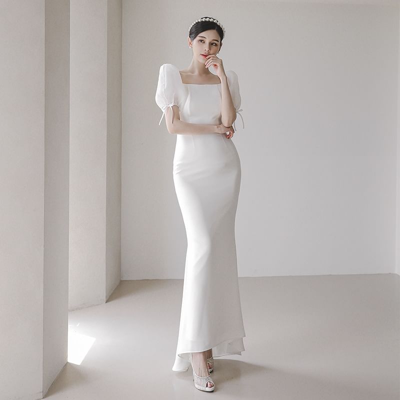 Square-Neck Wedding Mermaid Puff-Sleeve Gown