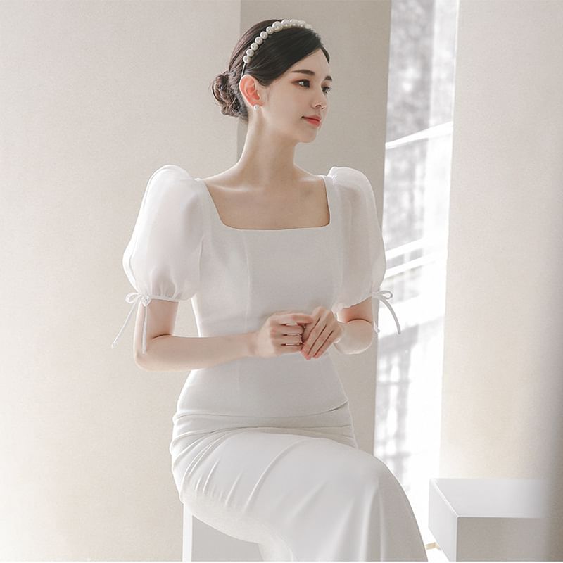 Square-Neck Wedding Mermaid Puff-Sleeve Gown
