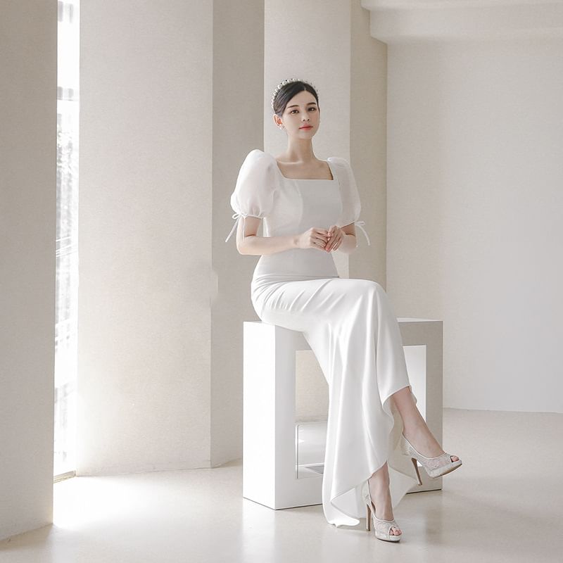 Square-Neck Wedding Mermaid Puff-Sleeve Gown