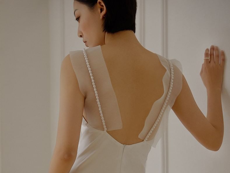 Strap Mesh Faux Pearl Mermaid Wedding Gown