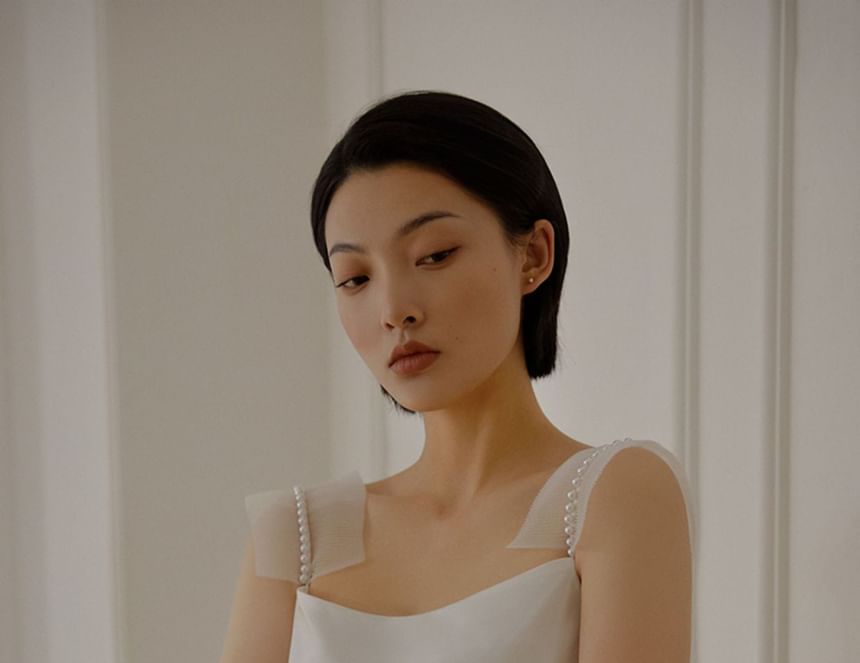 Strap Mesh Faux Pearl Mermaid Wedding Gown