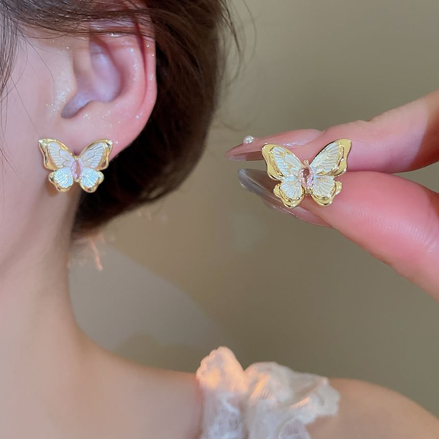 Layered Stud Pearl / Faux Necklace Butterfly Earring