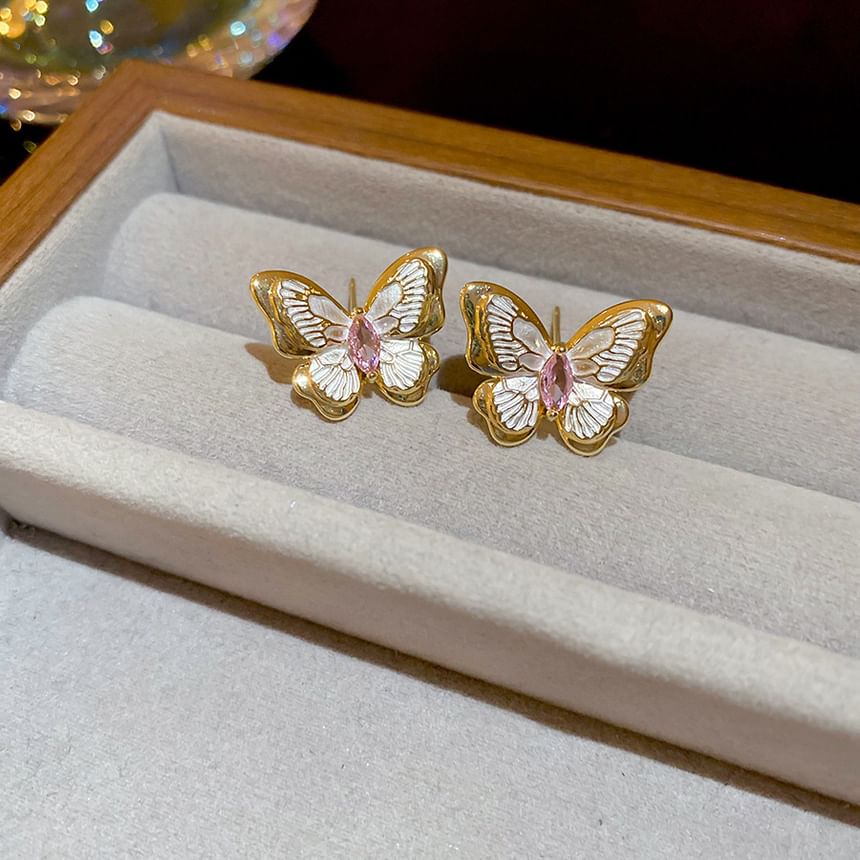 Layered Stud Pearl / Faux Necklace Butterfly Earring