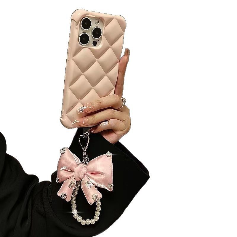 Charm Phone Pearl Pad Bow Faux Lanyard Rhinestone with