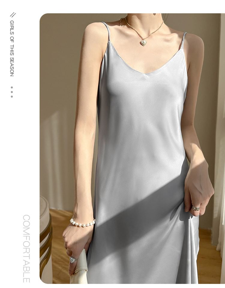 Plain Satin A-Line Strap Dress Midi V-Neck Spaghetti