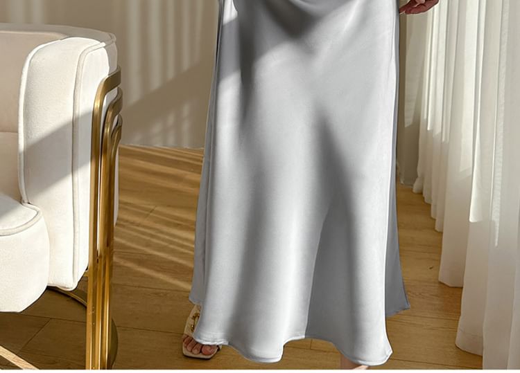 Plain Satin A-Line Strap Dress Midi V-Neck Spaghetti