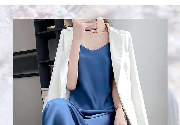 Plain Satin A-Line Strap Dress Midi V-Neck Spaghetti