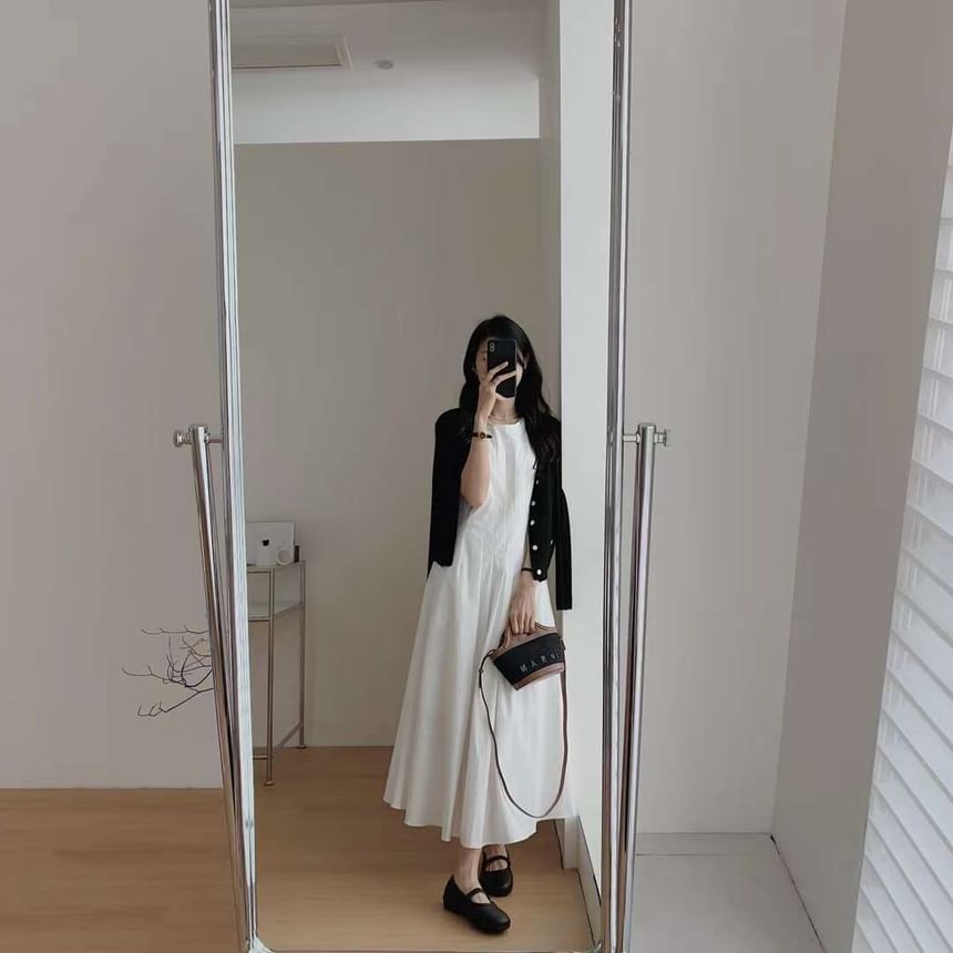 A-Line Dress Midi Plain Sleeveless Neck Pleated Crew