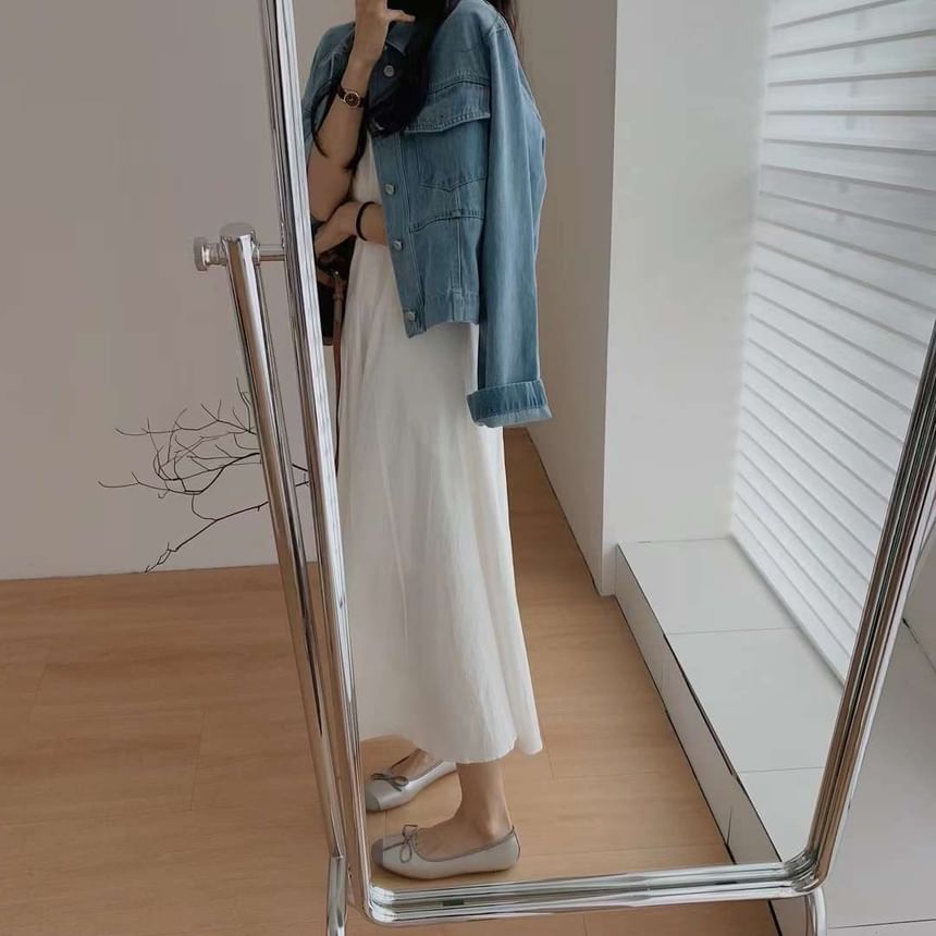 A-Line Dress Midi Plain Sleeveless Neck Pleated Crew