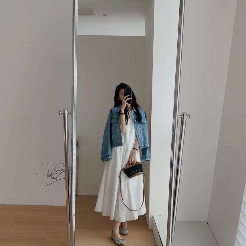 A-Line Dress Midi Plain Sleeveless Neck Pleated Crew