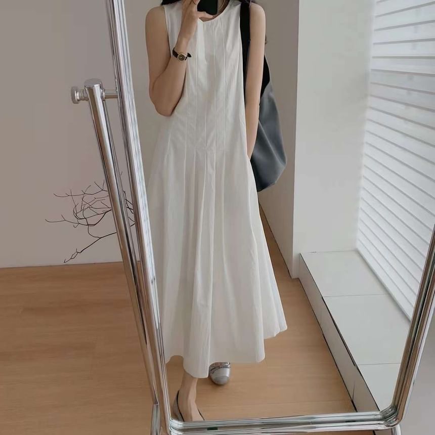 A-Line Dress Midi Plain Sleeveless Neck Pleated Crew