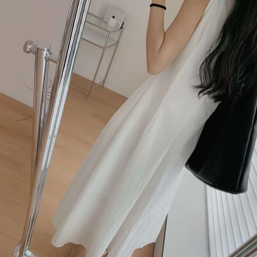 A-Line Dress Midi Plain Sleeveless Neck Pleated Crew