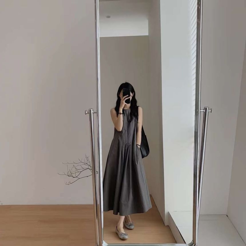 A-Line Dress Midi Plain Sleeveless Neck Pleated Crew