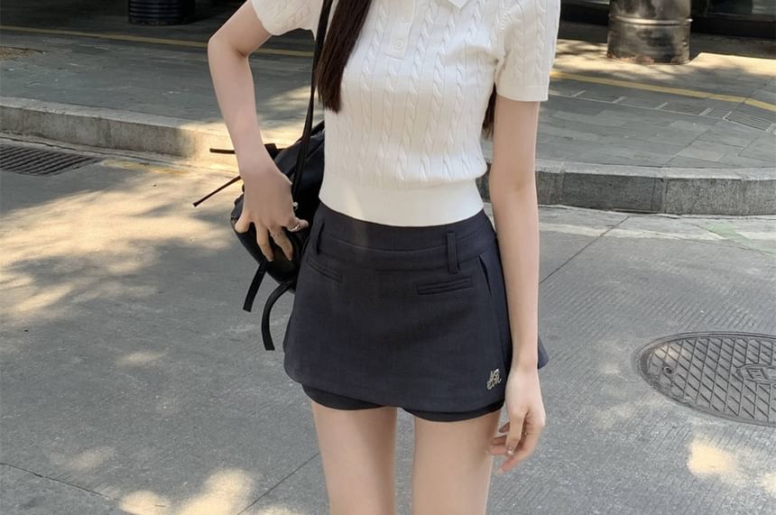 Short-Sleeve Polo Knit Plain Cable Shirt Crop