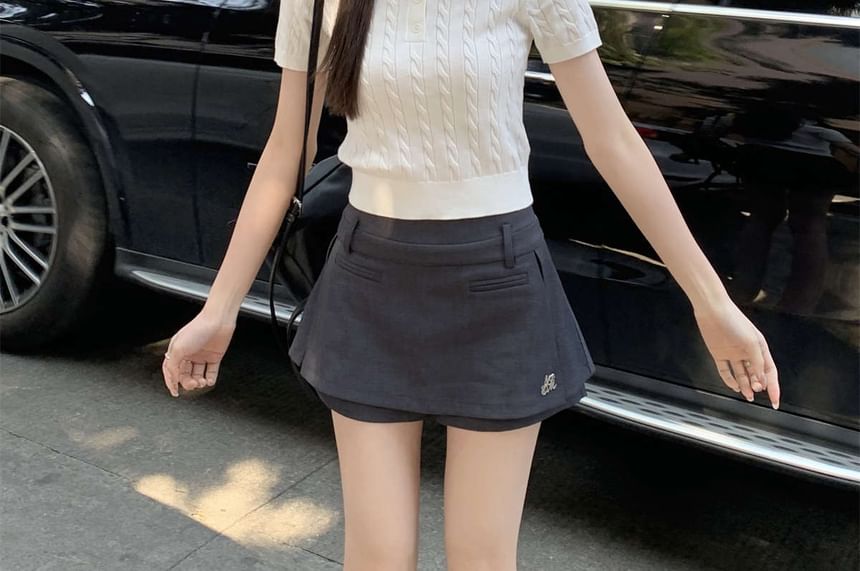 Short-Sleeve Polo Knit Plain Cable Shirt Crop