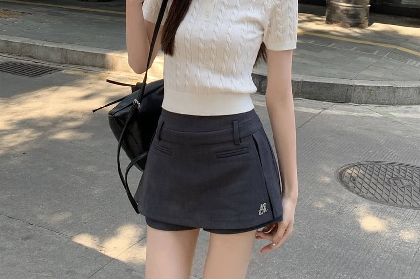 Short-Sleeve Polo Knit Plain Cable Shirt Crop