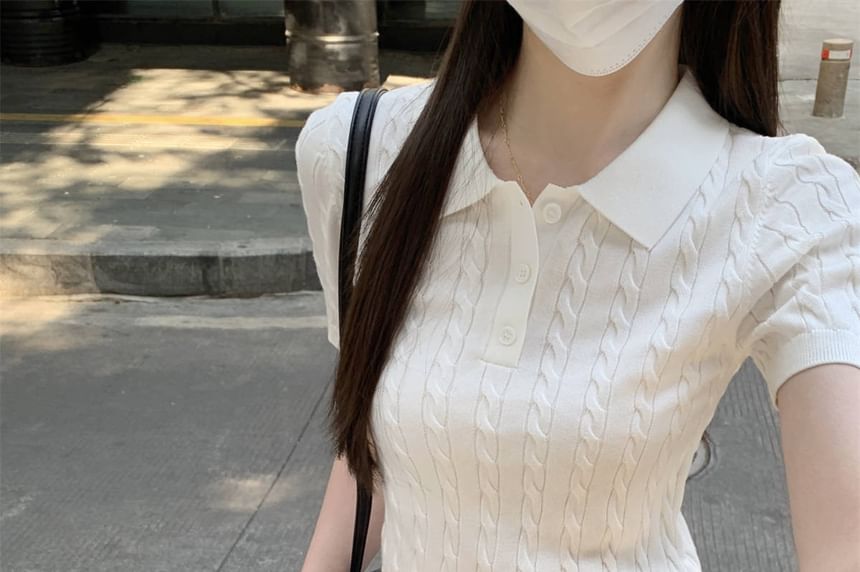 Short-Sleeve Cable Knit Shirt Polo Crop Plain