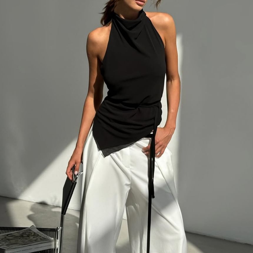 Fit Halter Neck Crop Slim Plain Back Asymmetrical Mock Open Top