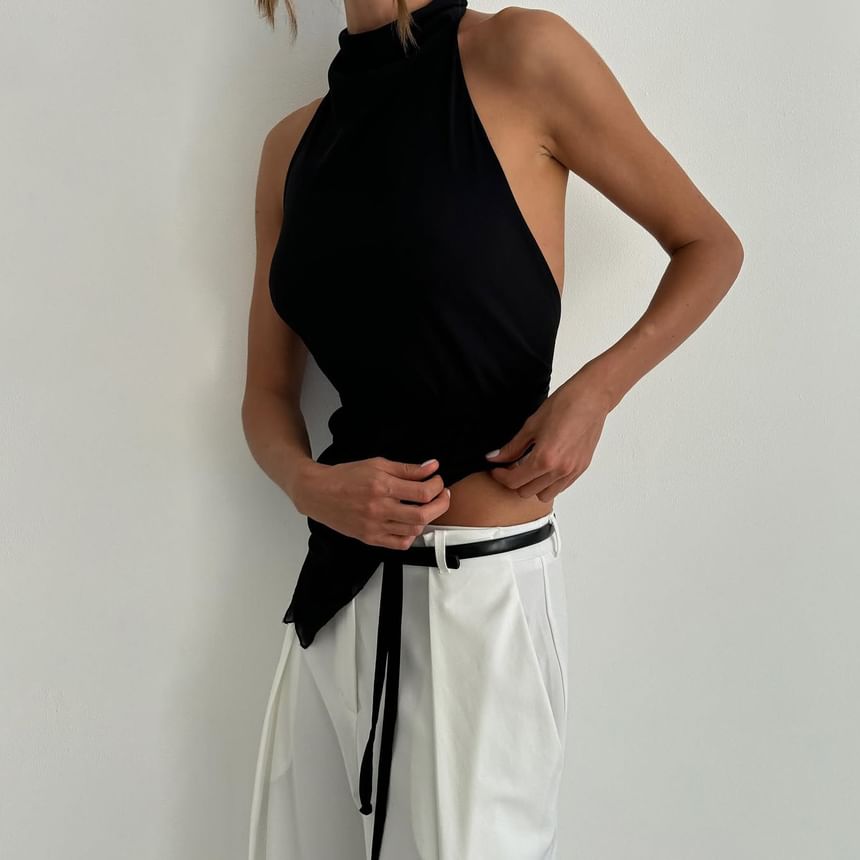 Back Plain Neck Mock Crop Open Slim Asymmetrical Fit Top Halter