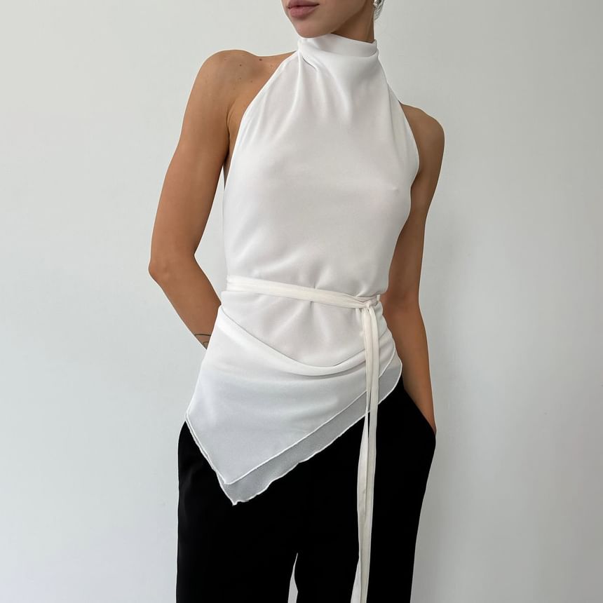 Fit Halter Neck Crop Slim Plain Back Asymmetrical Mock Open Top