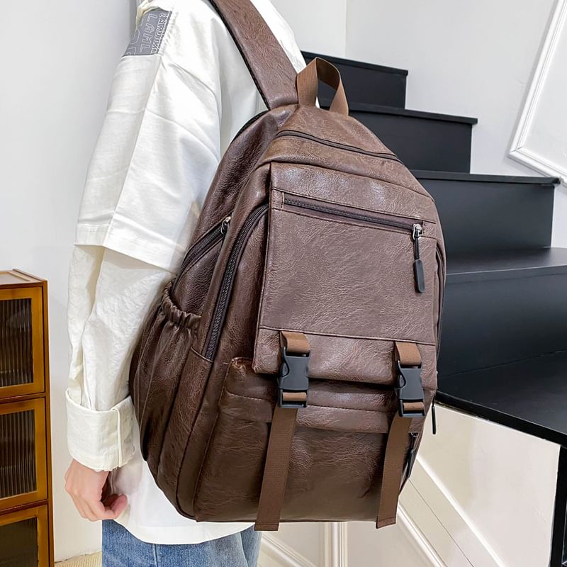 Faux Plain Backpack Leather Zip