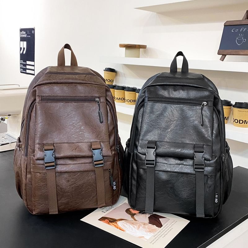 Faux Plain Backpack Leather Zip