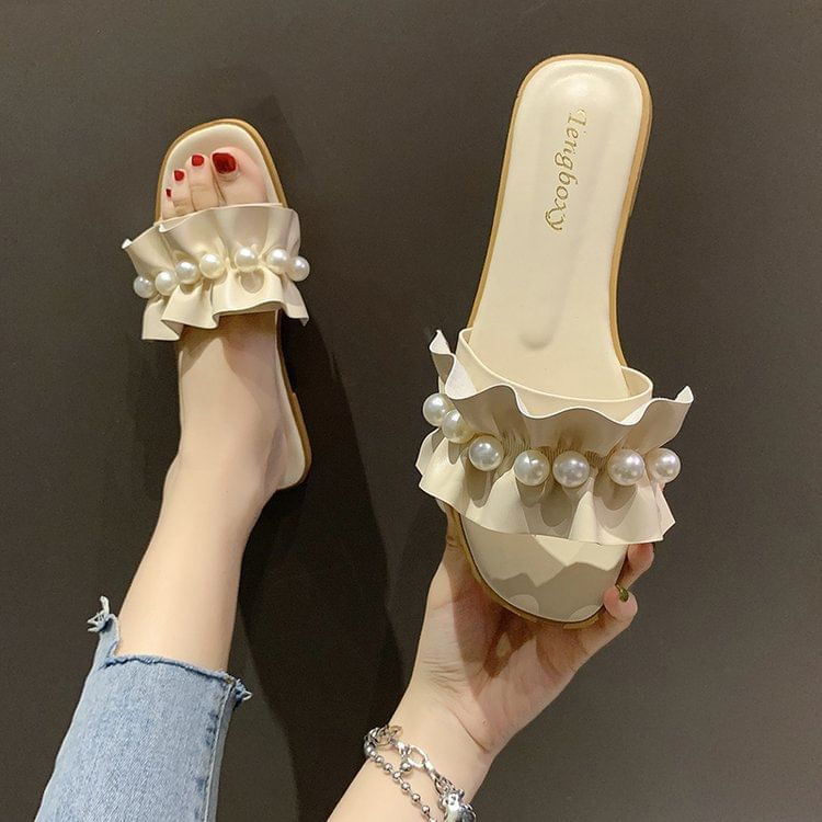 Ruffle Pearl Slide Faux Sandals