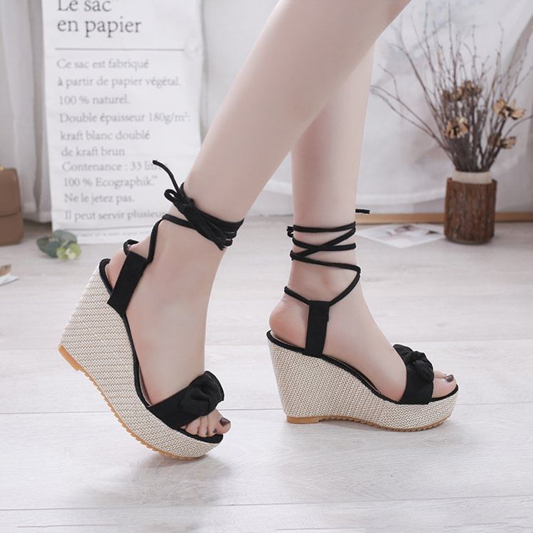 Wedge Bow Sandals Tie-Up Platform