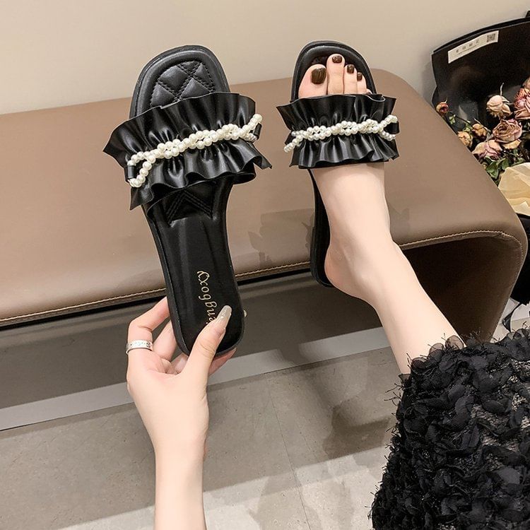 Slide Sandals Ruffle Pearl Faux