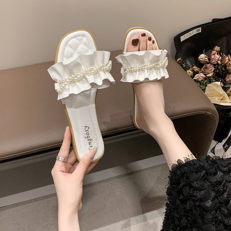 Slide Sandals Ruffle Pearl Faux