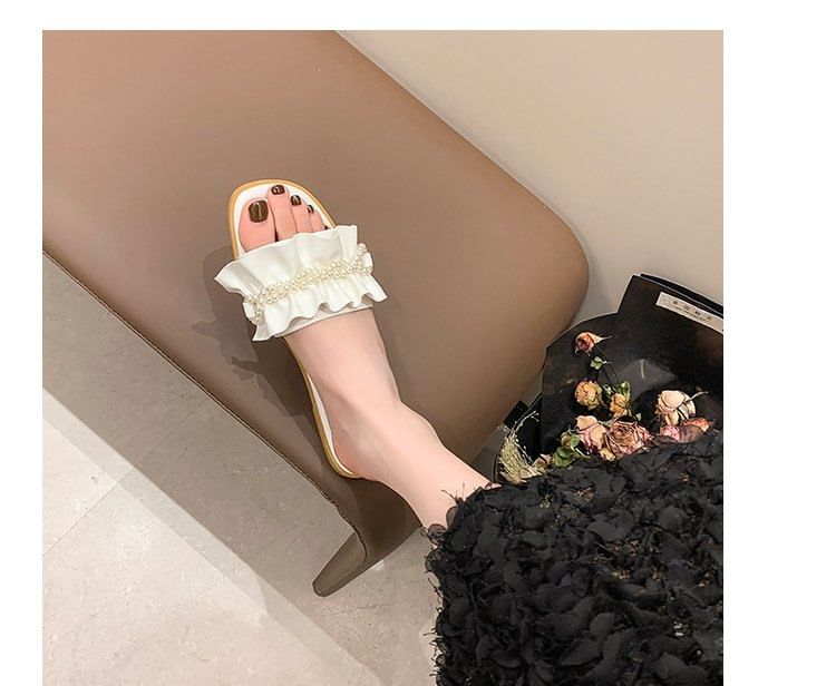 Slide Sandals Ruffle Pearl Faux