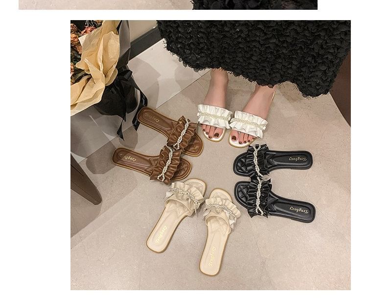 Slide Sandals Ruffle Pearl Faux