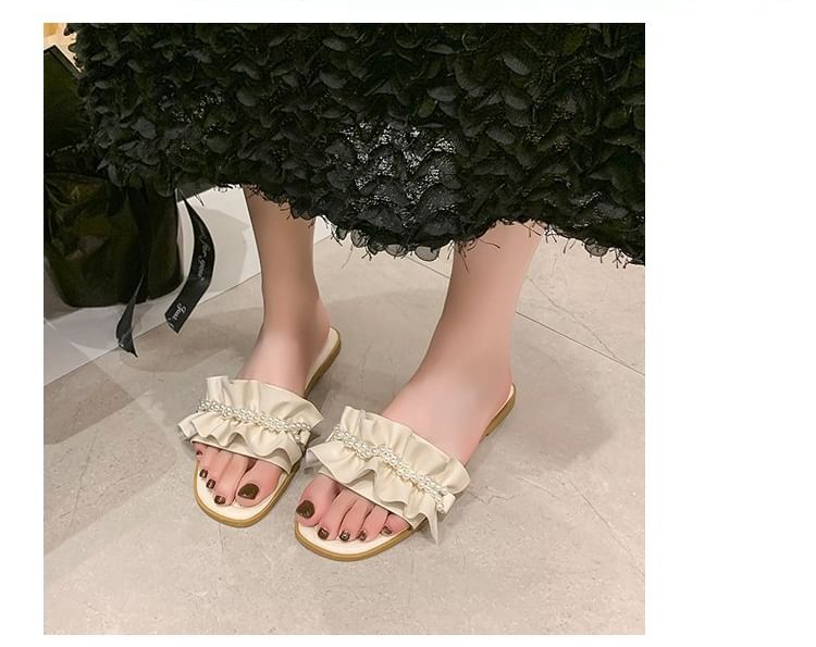 Slide Sandals Ruffle Pearl Faux