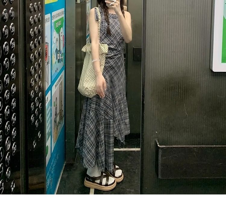 A-Line Sleeveless Dress Round Asymmetrical Plaid Neck Maxi