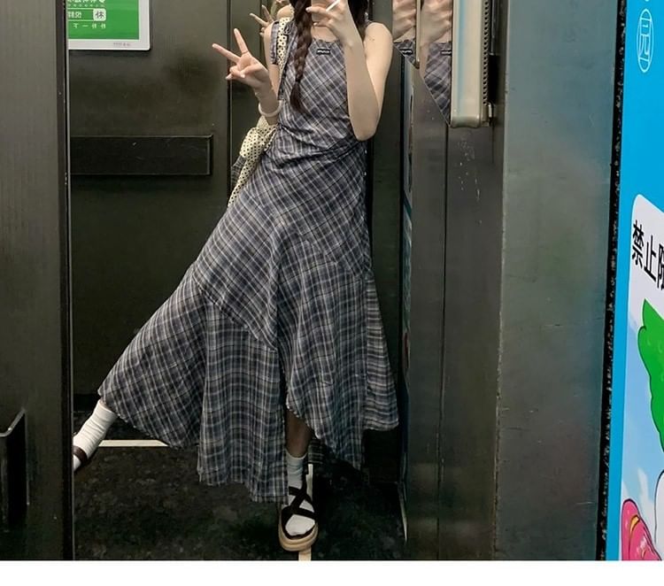 A-Line Sleeveless Dress Round Asymmetrical Plaid Neck Maxi