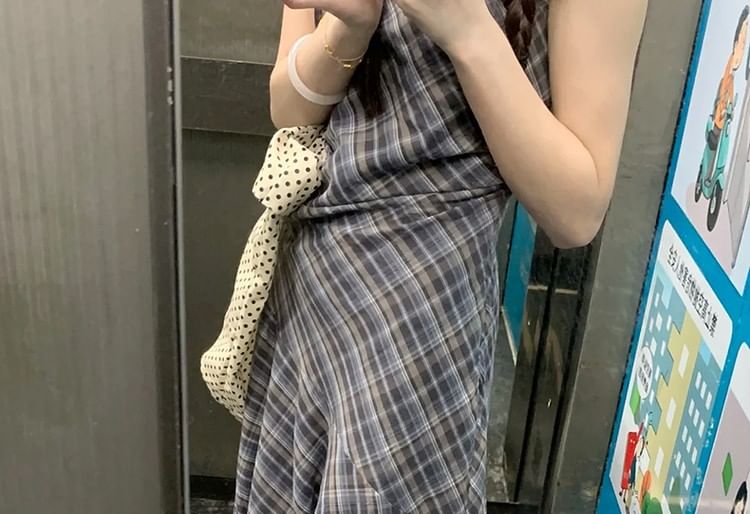 A-Line Sleeveless Dress Round Asymmetrical Plaid Neck Maxi