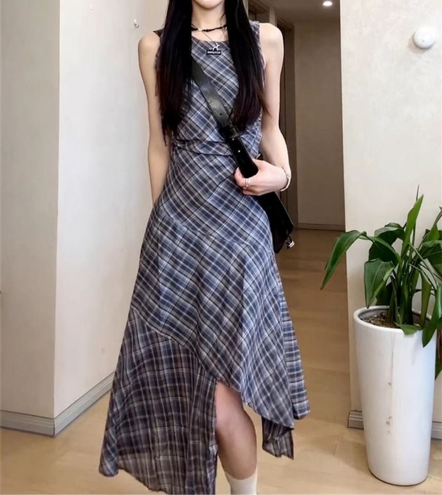 A-Line Sleeveless Dress Round Asymmetrical Plaid Neck Maxi