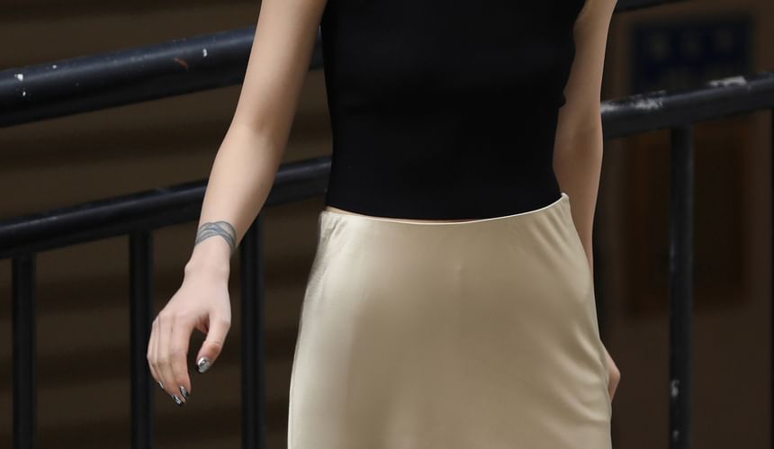 Midi High Satin Skirt Rise Plain Slit Pencil